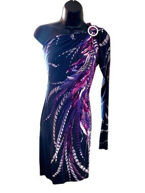 Just Cavalli Womens One-Shoulder Feather Print Dress With Ring Accent Size 40 Ma